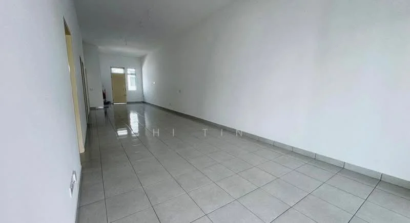 Room features: white painted walls, glossy ceramic tile flooring, large windows allowing natural light, neutral color scheme, high ceiling, no visible furniture, minimal decor, open layout; style: modern.