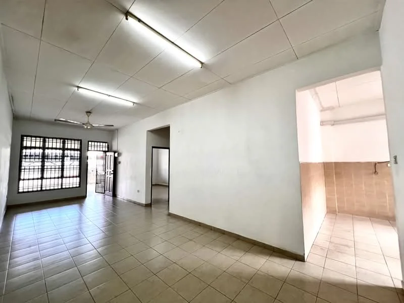 Room features: white painted walls, tile flooring, ceiling with fluorescent lighting, sliding glass door, window with metal grille, open layout, corner space, natural light from windows; style: minimalist.