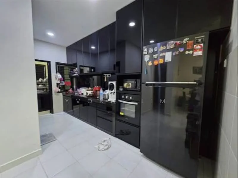 Kitchen features: black cabinetry, stainless-steel appliances, built-in oven, microwave, fridge, white countertop, ceramic tile flooring, recessed downlights, kitchen island, sink, kettle, toaster, decorative items on countertop, wall-mounted cabinets; style: modern.