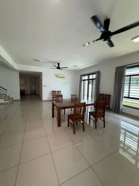 Dining features: white painted walls, glossy ceramic tile flooring, 5-blade ceiling fan with light, 6-seater wooden dining table, wooden dining chairs, large windows with sheer curtains, air conditioning unit on wall, natural light from windows; style: modern. Room features: white painted walls, glossy ceramic tile flooring, large windows, natural light from windows.