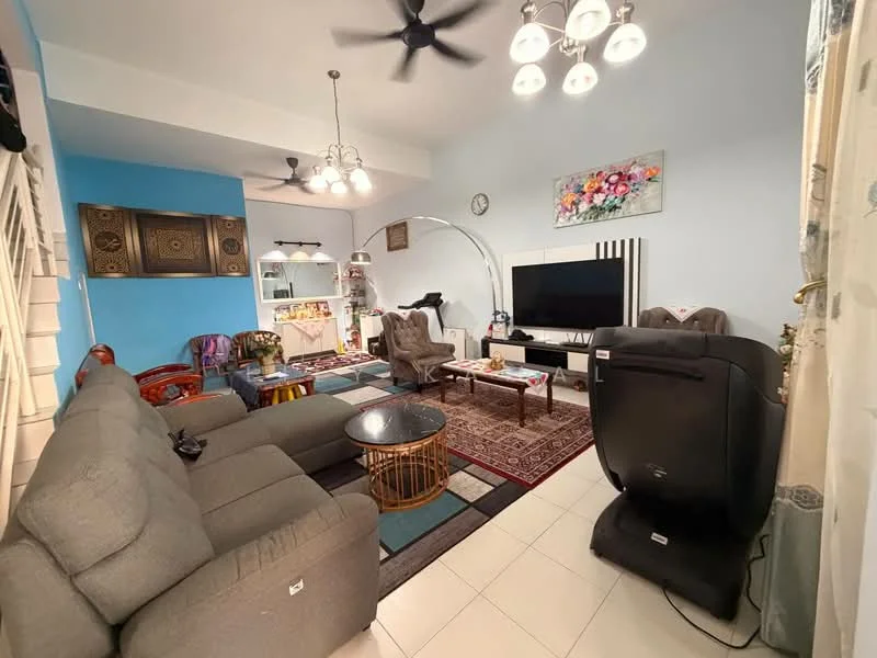 Living features: grey fabric 3-seater sofa, grey fabric 2-seater sofa, coffee table, area rug with geometric pattern, wall-mounted TV, TV console, ceiling fan with light, chandelier with multiple bulbs, decorative wall art, built-in shelving unit, white painted walls, tile flooring; style: modern.