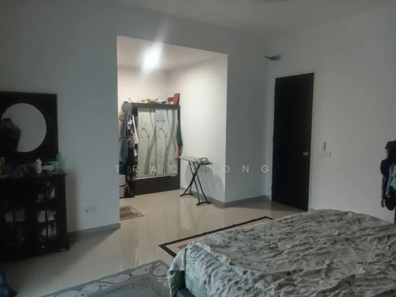 Bedroom features: queen-size bed with patterned bedding, white painted walls, tile flooring, ceiling fan, built-in wardrobe with sliding glass doors, decorative mirror, area rug with geometric pattern, nightstand with lamp; style: modern. Room features: doorway leading to another room, clothes rack, light source from adjacent room.