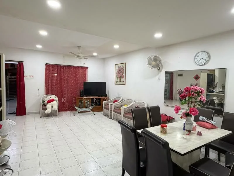 Living features: white painted walls, tile flooring, recessed downlights, 5-blade ceiling fan, wall-mounted TV, wooden TV console, mirror on wall, dining table with chairs, decorative wall clock, red curtains, sofa with armchair, flower vase on table; style: modern.