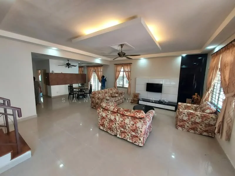 Living features: floral-patterned fabric sofa, 2-seater sofa, 3-seater sofa, coffee table, wall-mounted TV, TV console, ceiling fan with light, recessed downlights, cream painted walls, glossy tile flooring, curtains, decorative plant, open layout to dining area; style: modern.
