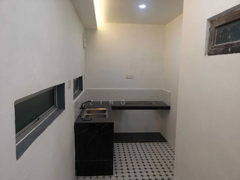 Kitchen features: black granite countertop, double-bowl stainless-steel sink, chrome pull-down faucet, white tiled backsplash, black and white patterned floor tiles, wall-mounted light fixtures, white painted walls, window with wooden frame; style: modern.