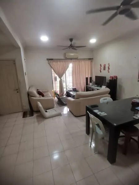 Living features: 3-seater fabric sofa in beige, 2-seater fabric sofa in beige, coffee table, TV console, wall-mounted TV, floor-to-ceiling windows, sheer curtains, ceiling fan, recessed downlights, tile flooring, light-colored walls, decorative wall art; style: modern; view: garden.