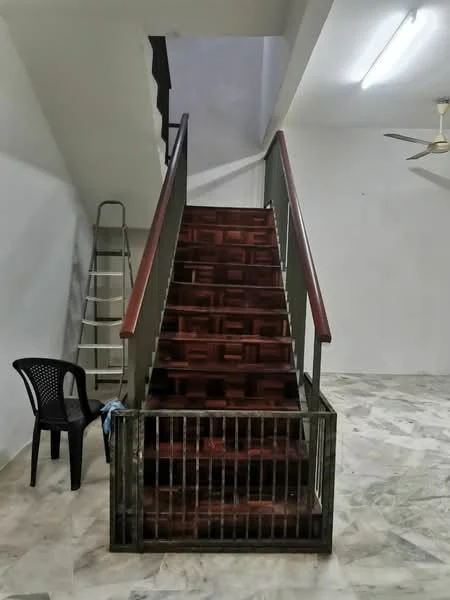 Room features: wooden staircase with handrail, metal railing, marble flooring, white painted walls, ceiling fan, staircase landing, folding step ladder, black plastic chair; style: modern.