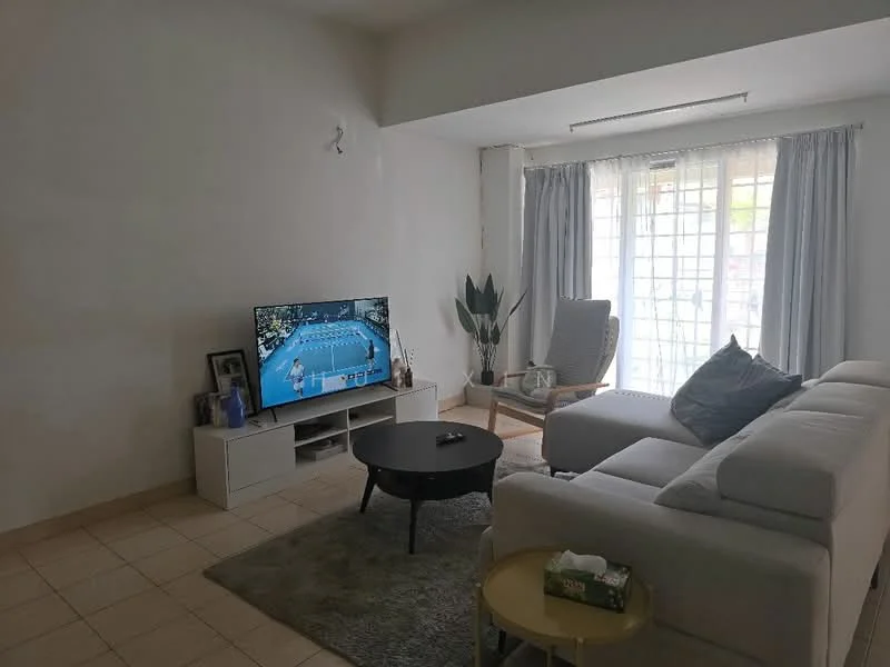 Living features: light grey fabric sectional sofa, black round coffee table, white TV console, wall-mounted flat-screen TV, area rug with soft texture, large window with sheer curtains, potted plant, decorative cushions, tile flooring, neutral painted walls; style: modern.