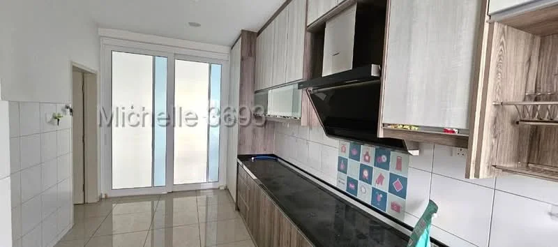 Kitchen features: black granite countertop, wood cabinetry in light brown, built-in oven, stainless-steel range hood, single-bowl stainless-steel sink, chrome pull-down faucet, white tiled backsplash with colorful pattern, ceramic tile flooring, floor-to-ceiling windows, sliding glass door; style: modern.