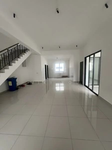Room features: white painted walls, polished ceramic tile flooring, recessed downlights, staircase with metal railing, large windows, open layout, high ceiling, door leading to another room; style: modern.