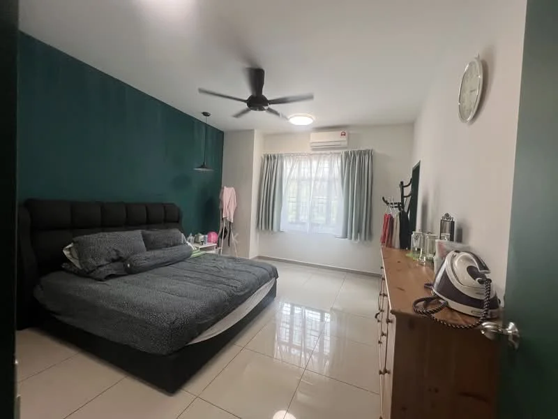 Bedroom features: king-size bed with upholstered headboard, 2 bedside tables, wall-mounted TV, wooden dresser, floor-to-ceiling window with sheer curtains, light grey walls, dark green accent wall, recessed ceiling lights, 5-blade ceiling fan, air conditioning unit, decorative wall clock, iron, clothing rack; style: modern; view: garden.