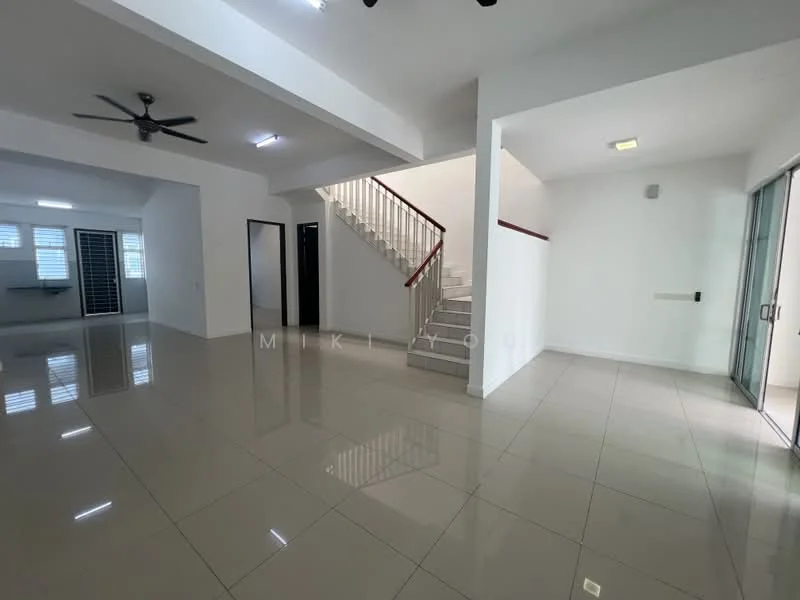Living features: polished ceramic tile flooring, white painted walls, 5-blade ceiling fan, recessed downlights, large windows with horizontal slats, open layout, staircase leading to upper floor, sliding glass door leading to outdoor area; style: modern. Room features: white painted walls, polished ceramic tile flooring, 5-blade ceiling fan, recessed downlights, large windows with horizontal slats.