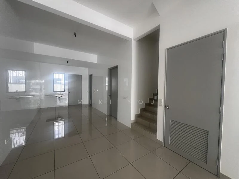 Room features: white painted walls, glossy tile flooring, staircase with grey steps, door with grey frame, door with louvered vent, large windows with natural light, open layout, high ceiling; style: modern.