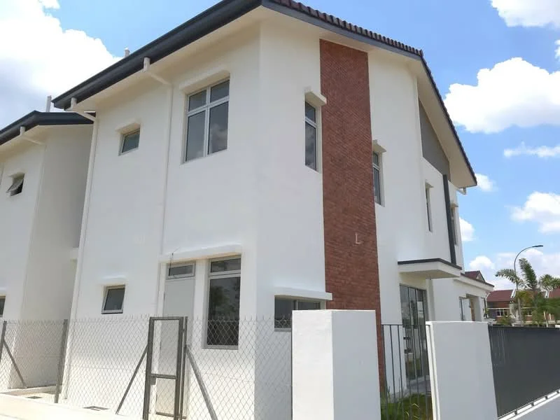 Exterior type: semi-detached house; features: white painted facade, red brick accent wall, flat roof, two-storey structure, fenced perimeter, large windows, manicured landscaping, driveway, gated entry; style: modern.
