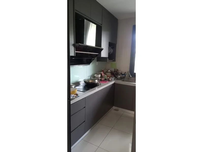 Kitchen features: dark cabinetry, white countertop, stainless-steel sink, built-in oven, 4-burner gas hob, exhaust hood, glass backsplash, tile flooring, window with natural light, kitchen utensils visible, cooking pots and pans, dish rack; style: modern.