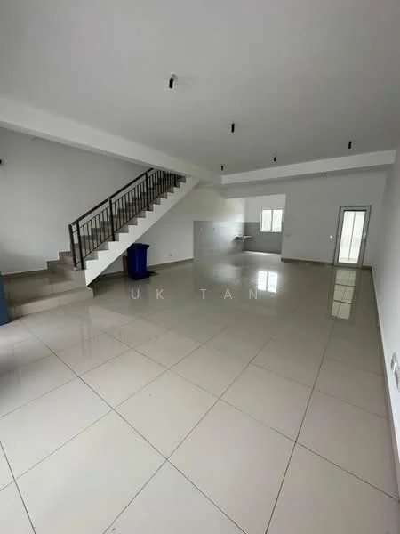 Room features: white painted walls, polished ceramic tile flooring, staircase with metal railing, large windows allowing natural light, recessed downlights, open layout, door leading outside, blue trash bin; style: modern.