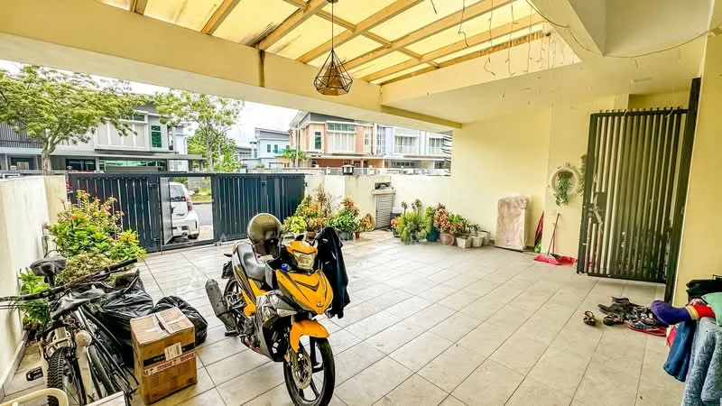 Exterior type: car porch; features: tiled flooring, covered roof with wooden beams, manicured garden beds with plants, metal gate, open space for parking, bicycle storage, motorcycle parked, boxes on the floor, hanging light fixture; style: modern.