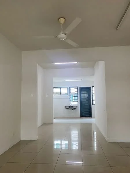 Room features: white painted walls, polished ceramic tile flooring, ceiling fan, window with blinds, doorway leading to another room; style: modern.