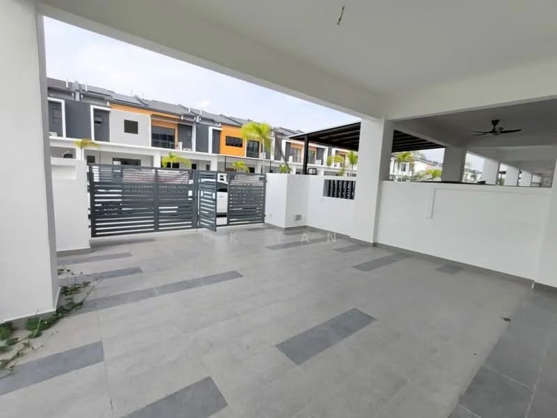 Exterior type: linked terrace house; features: grey tiled flooring, white painted walls, covered porch area, sliding gate, manicured landscaping, modern architectural design, ceiling fan, open space, surrounded by residential units; style: modern.