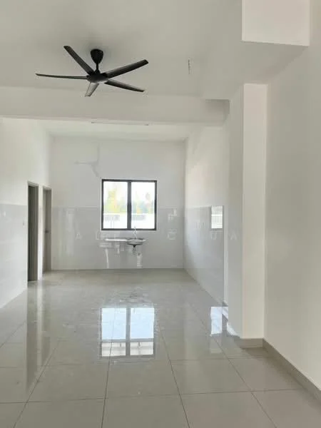 Room features: white painted walls, polished ceramic tile flooring, 5-blade ceiling fan, large window, sink, light fixtures, high ceiling, no visible furniture; style: modern.