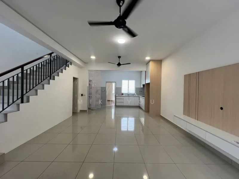 Living features: polished ceramic tile flooring, white painted walls, ceiling fan, recessed downlights, wall-mounted TV console, open layout, large windows for natural light, staircase leading to upper floor, neutral color palette, built-in cabinetry; style: modern. Kitchen features: open kitchen layout, white cabinetry, countertop with backsplash, stainless-steel sink, built-in appliances, large window for natural light; style: modern.