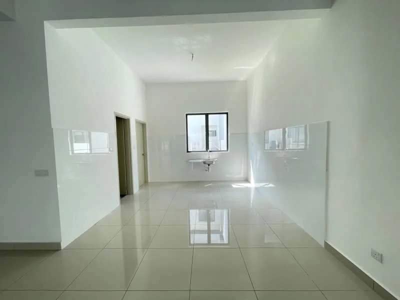 Room features: white painted walls, glossy white wall panels, large window, tile flooring, high ceiling, recessed lighting, single-bowl sink, neutral color scheme; style: modern.