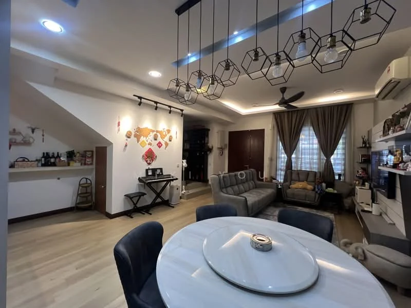 Living features: light wood flooring, white painted walls, tray ceiling with recessed lighting, 5-blade ceiling fan, hexagonal pendant lights, large windows with sheer curtains, sofa in grey fabric, coffee table with marble top, TV console with decorative items, wall-mounted TV, decorative wall art, area rug with geometric pattern; style: modern. Dining features: round dining table with marble top, upholstered dining chairs, decorative centerpiece; style: modern.