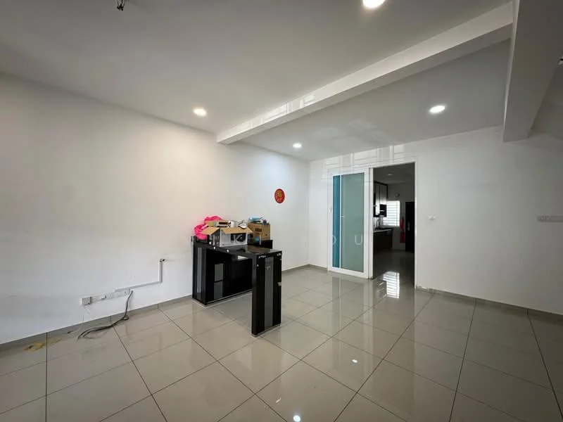 Room features: white painted walls, glossy ceramic tile flooring, recessed LED downlights, glass sliding door, open layout, visible electrical outlets, unpacked boxes, empty space; style: modern.