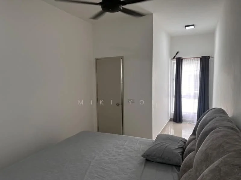 Bedroom features: grey upholstered headboard, queen-size bed, two grey pillows, white painted walls, marble flooring, floor-to-ceiling window, sheer curtains, blackout curtains, ceiling fan, recessed downlight, door to hallway; style: modern.