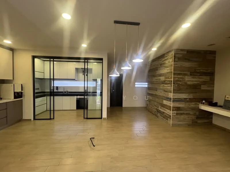 Kitchen features: white cabinetry, black countertop, glass sliding door, stainless-steel appliances, pendant lighting, open shelving, wood accent wall, tile flooring, recessed lighting; style: modern.