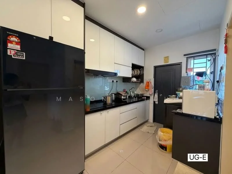 Kitchen features: black granite countertop, white flat-panel cabinets, stainless-steel fridge, built-in oven, ceramic tile flooring, single-bowl stainless-steel sink, chrome pull-down faucet, wall-mounted microwave, open shelving, window with sheer curtains, kitchen island, dishwasher, decorative wall clock; style: modern.
