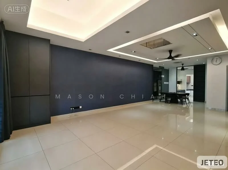 Living features: white painted walls, dark blue accent wall, polished ceramic tile flooring, tray ceiling with recessed lighting, 5-blade ceiling fan, wall-mounted clock, large windows with black curtains, open layout, dining area visible, neutral color palette; style: modern.