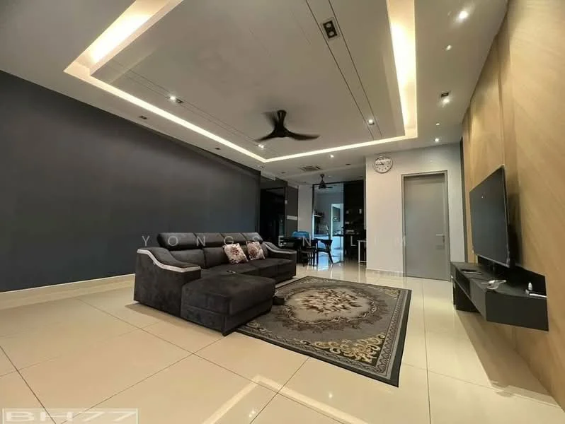 Living features: 3-seater fabric sofa in dark grey, L-shape sectional sofa, decorative throw pillows, area rug with intricate pattern, wall-mounted TV, TV console, recessed ceiling lights, 5-blade ceiling fan with light, cream painted walls, dark accent wall, glossy tile flooring, wall clock, decorative wall paneling; style: modern.