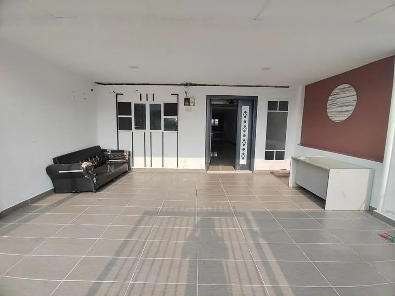 Room features: grey tiled flooring, white painted walls, accent wall in maroon, black leather sofa, white console table, large windows, door with glass panels, wall-mounted circular decor; style: modern.