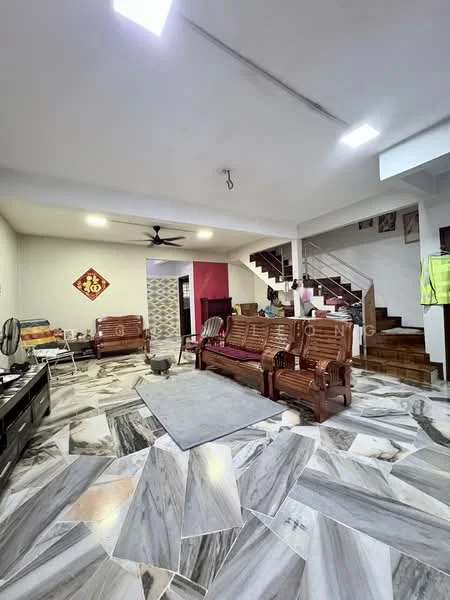 Living features: marble tile flooring, white painted walls, 5-blade ceiling fan, sofa set with wooden frame, coffee table, TV console, decorative wall art, staircase leading to upper floor, open layout, area rug, wall-mounted TV; style: modern.