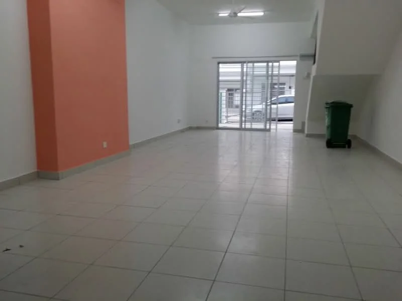 Room features: white painted walls, orange accent wall, ceramic tile flooring, large windows, sliding glass door, natural light, high ceiling, green trash bin; style: modern.