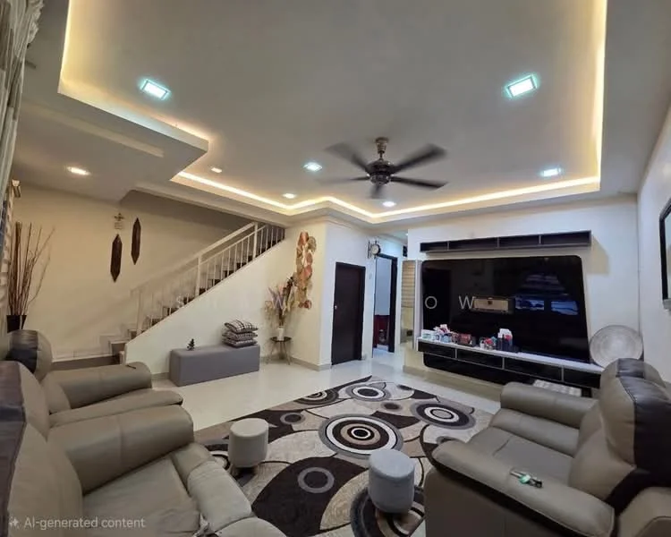 Living features: 5-blade ceiling fan with light, recessed LED downlights, cream painted walls, white ceiling with cove lighting, wall-mounted TV, black entertainment unit, large area rug with circular patterns, two-tone leather sofas in beige and grey, decorative wall art, staircase with wooden railing, sliding door, decorative plant in ceramic pot; style: modern.
