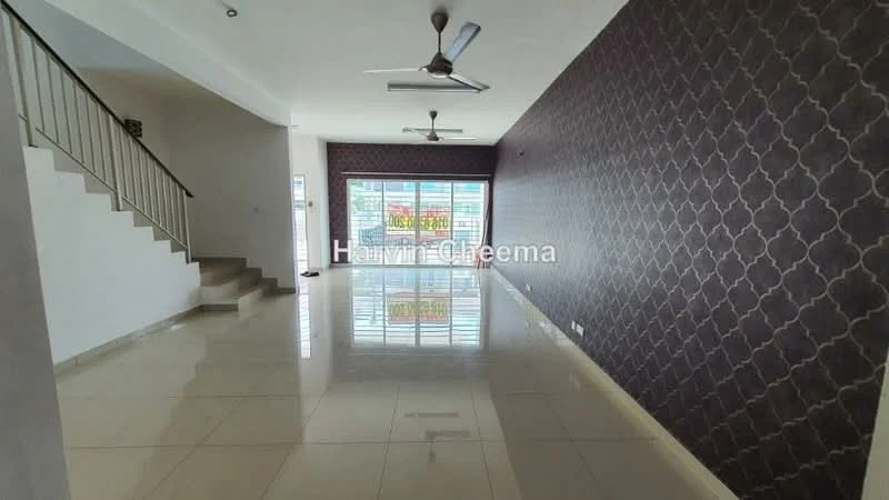 Living features: white painted walls, feature wall with geometric pattern, glossy tile flooring, 5-blade ceiling fan, large sliding glass door, floor-to-ceiling windows, natural light, open layout, no visible furniture; style: modern.