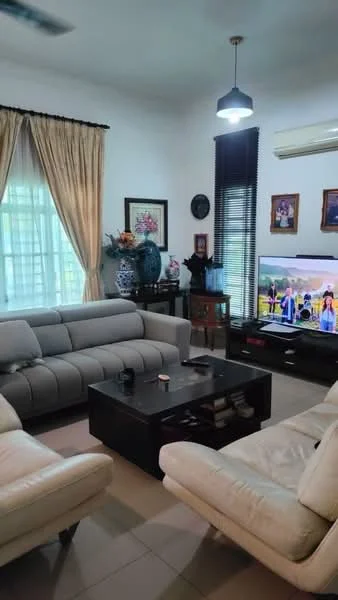 Living features: 3-seater fabric sofa in grey, 2-seater leather sofa in cream, coffee table, wall-mounted TV, TV console, floor-to-ceiling windows with sheer curtains, light fixture with pendant light, air conditioning unit, decorative wall art, potted plants, area rug, curtains in beige; style: contemporary.