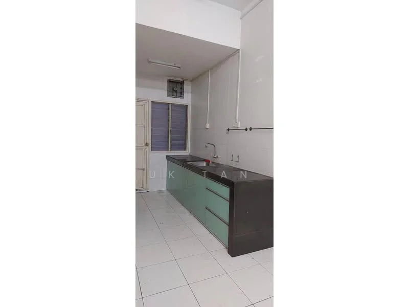 Kitchen features: green cabinetry, black countertop, single-bowl stainless-steel sink, chrome pull-down faucet, wall-mounted electrical outlets, tile flooring, white painted walls, window with horizontal slats; style: modern.