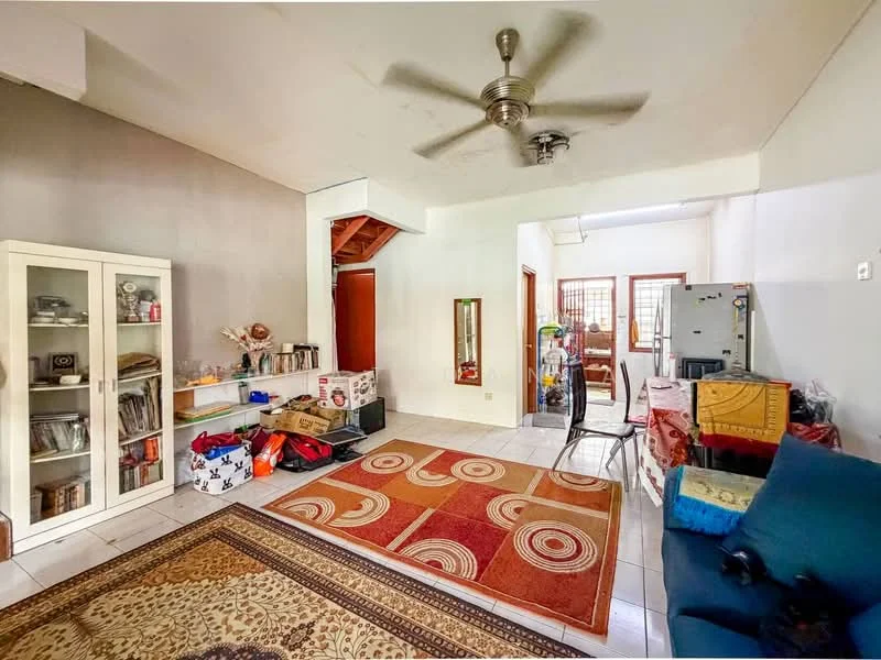 Living features: 5-blade ceiling fan, white painted walls, tiled flooring, area rug with geometric pattern, sofa in blue, glass display cabinet, wooden staircase, dining table with chairs, refrigerator, decorative mirror, wall-mounted artwork, storage boxes; style: modern.