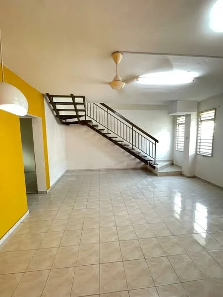 Living features: white painted walls, yellow accent wall, tile flooring, ceiling fan, staircase with wooden railing, large windows with blinds, recessed ceiling lights, open layout; style: modern.