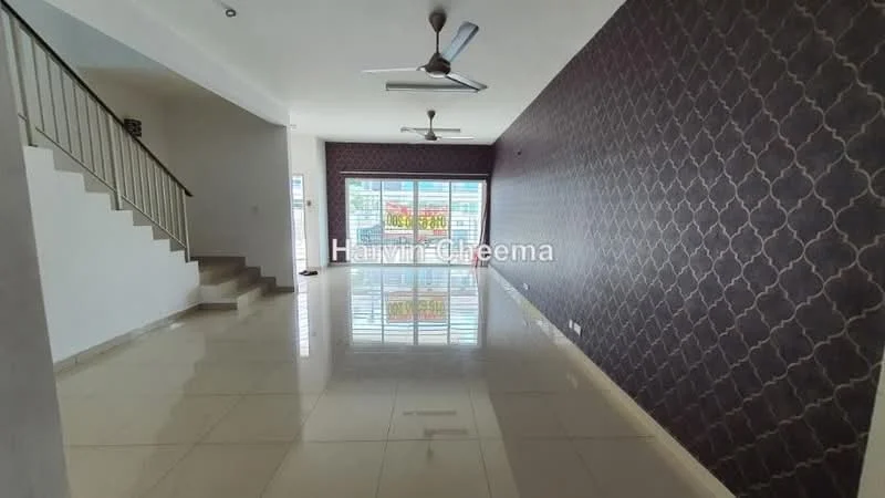 Living features: glossy ceramic tile flooring, white painted walls, dark patterned accent wall, floor-to-ceiling windows, sliding glass door, 2 ceiling fans, recessed downlights, open layout, natural light, view of outdoor space; style: modern; view: city.
