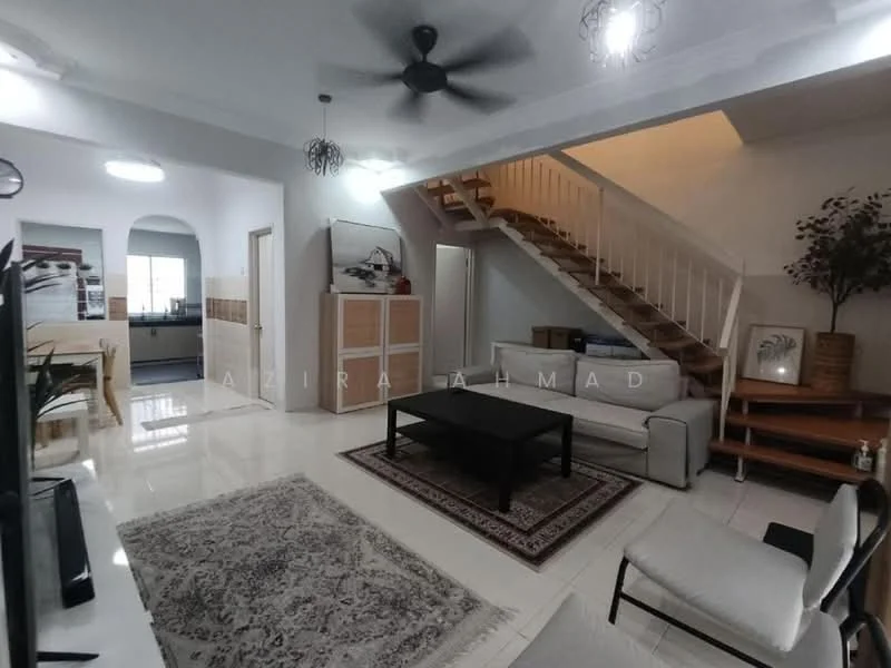 Living features: 3-seater fabric sofa in light grey, black coffee table, area rug with intricate pattern, ceiling fan with light, wall-mounted TV, decorative plant in ceramic pot, wooden staircase, white walls, tile flooring, decorative wall art, built-in shelving unit, large window with natural light; style: modern. Room features: wooden staircase, white walls, tile flooring.