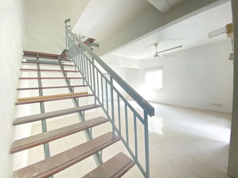 Room features: staircase with metal railing, white painted walls, polished tile flooring, ceiling fan, window with natural light, open space layout; style: modern.