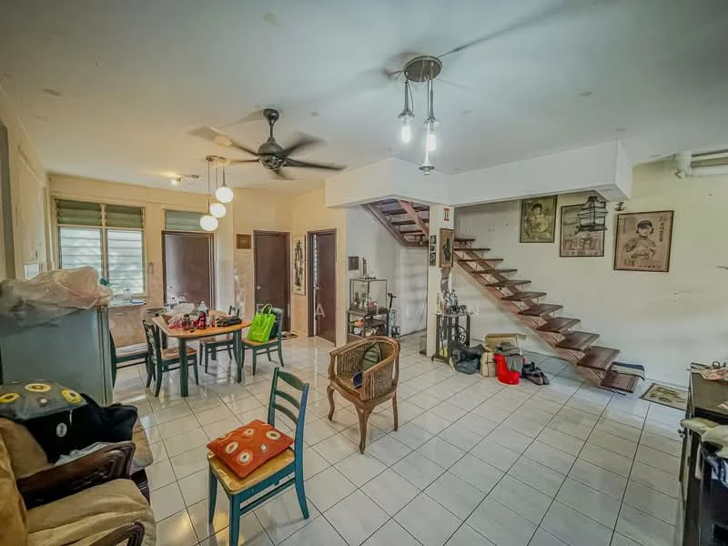 Living features: white painted walls, ceramic tile flooring, 5-blade ceiling fan with light, recessed downlights, wooden staircase, dining table with chairs, sofa with cushions, decorative wall art, window with blinds, open layout, area rug, storage cabinet; style: contemporary.