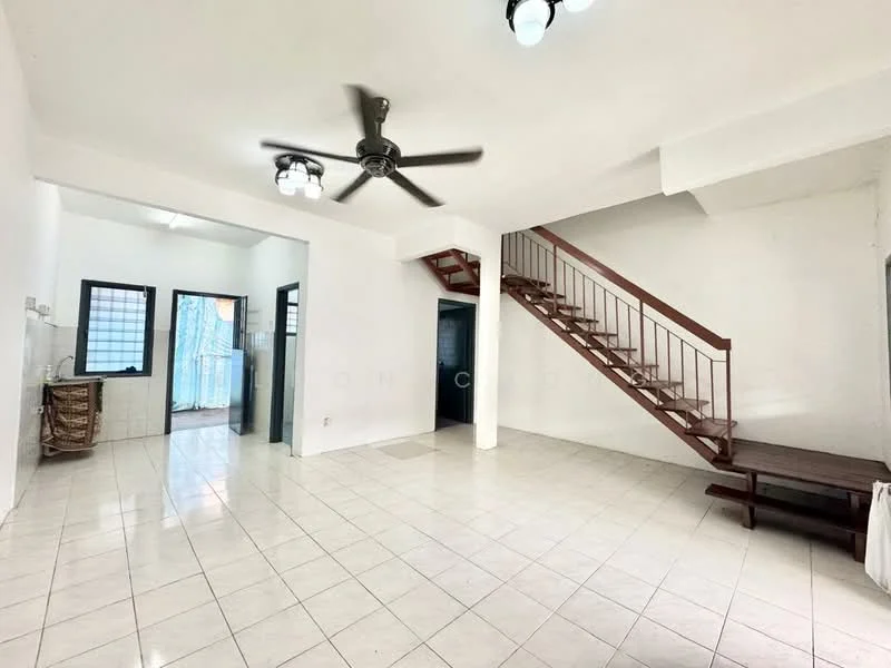 Living features: white painted walls, ceramic tile flooring, 5-blade ceiling fan with light, staircase with wooden railing, large windows, open layout, natural light, wall-mounted light fixtures; style: modern. Kitchen features: kitchen counter, sink, cabinets, tile backsplash; style: modern.