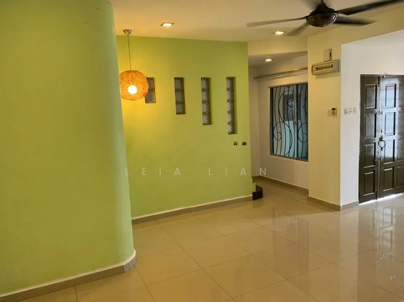 Room features: green painted walls, glossy beige tile flooring, ceiling fan, recessed downlights, hanging pendant light, window with decorative grille, double-door entrance, air conditioning unit; style: modern.