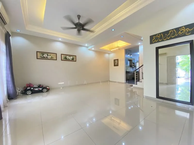 Living features: white painted walls, polished ceramic tile flooring, tray ceiling with recessed lighting, 5-blade ceiling fan, large windows with sheer curtains, decorative wall mirror, framed artwork on walls, open layout to kitchen, natural light from windows, space for furniture arrangement; style: modern.