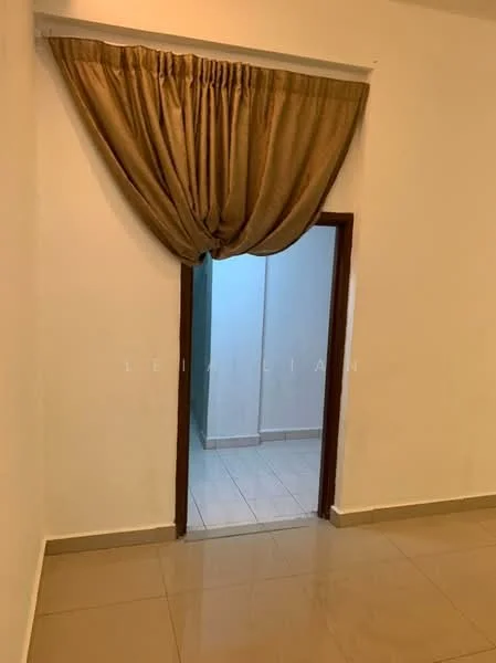 Room features: white painted walls, cream curtain draped over doorway, glossy tile flooring, doorway leading to another room, neutral color scheme.